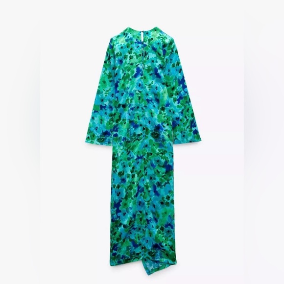 Zara dress midi Floral ruched long sleeve green blue boho summer vacation - Picture 6 of 7